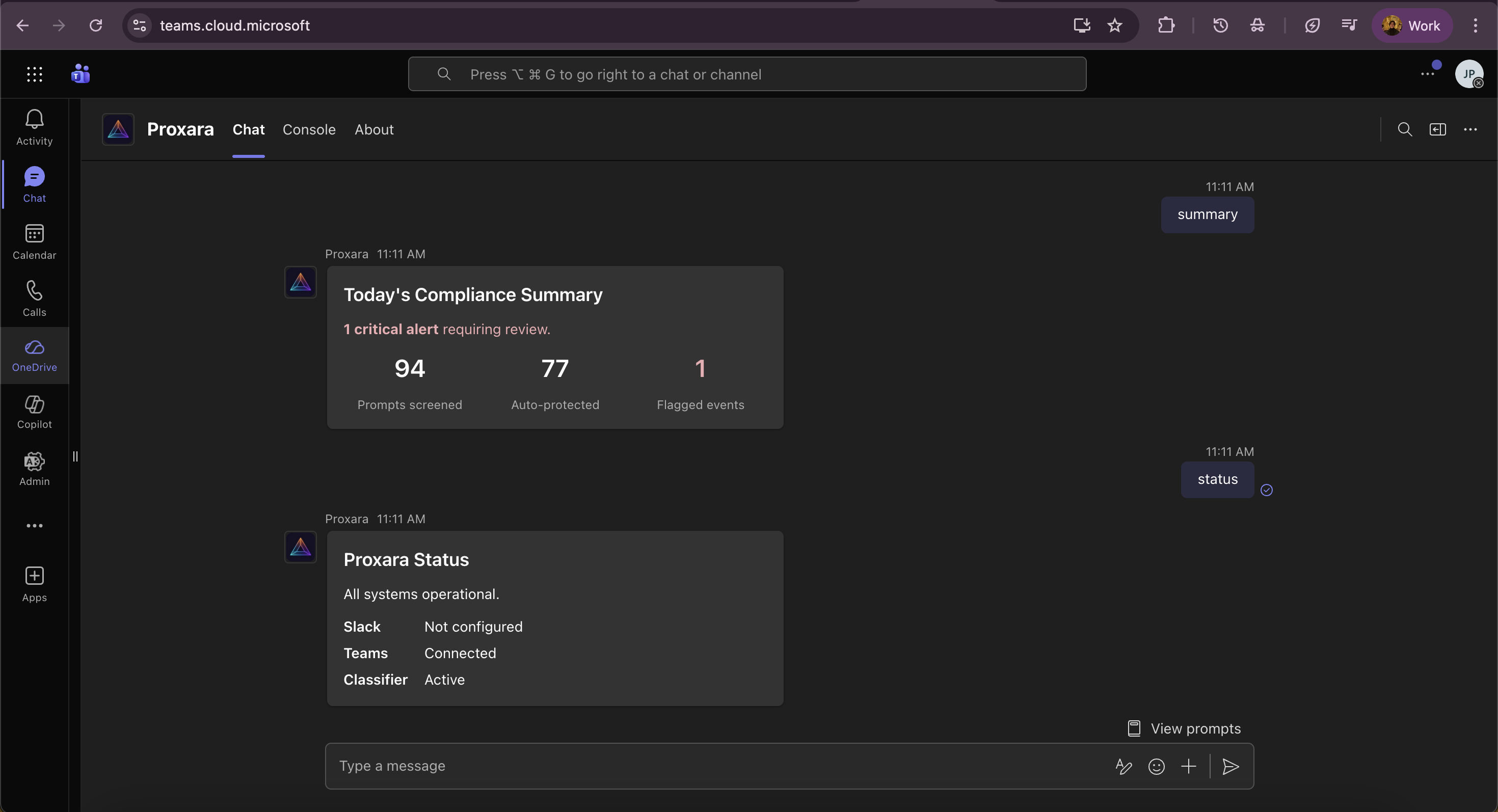 The Proxara app in Microsoft Teams, showing a daily compliance summary and a systems status card.