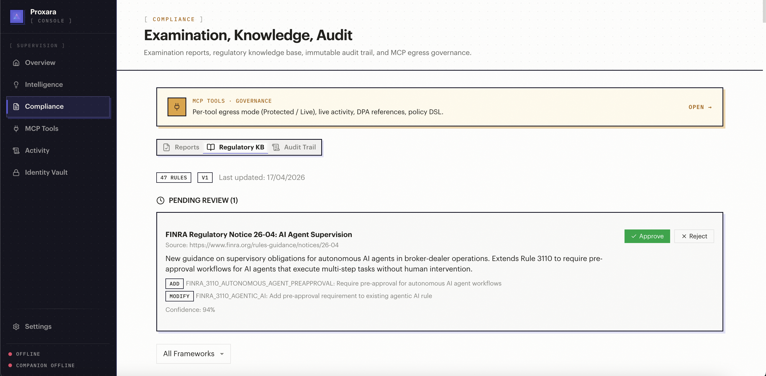 Compliance page with regulatory knowledge base showing pending FINRA rule