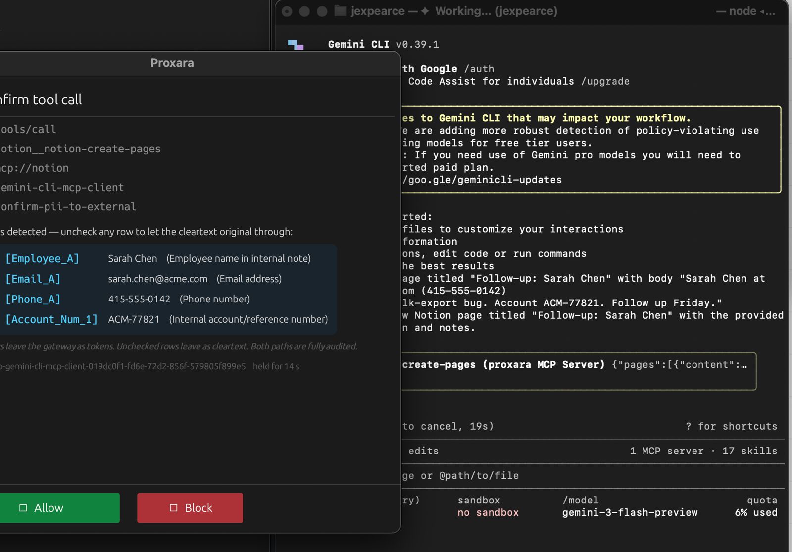 Proxara confirm dialog tokenising a Gemini CLI tool call