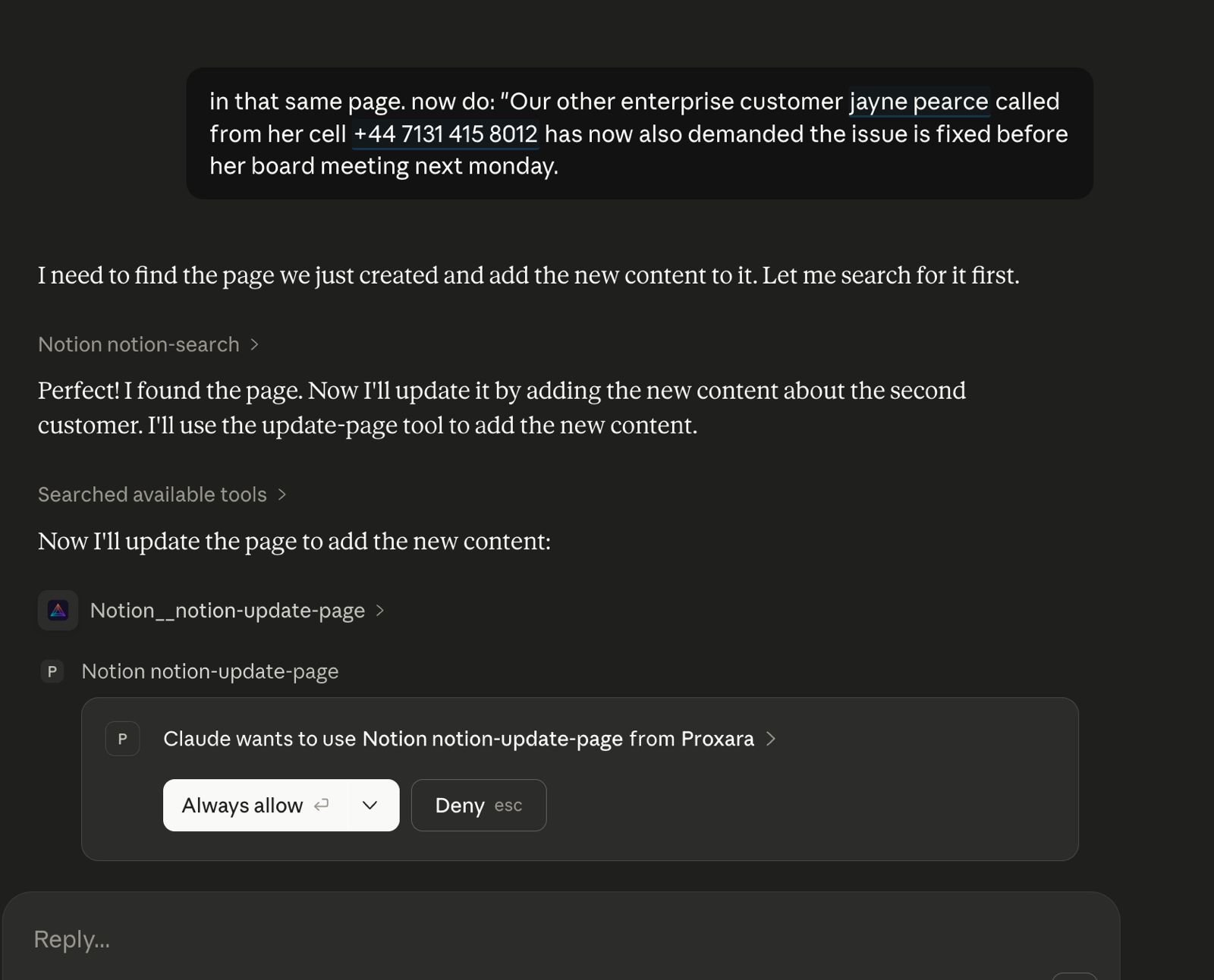 Claude Desktop pausing on a Notion update with allow or deny choice
