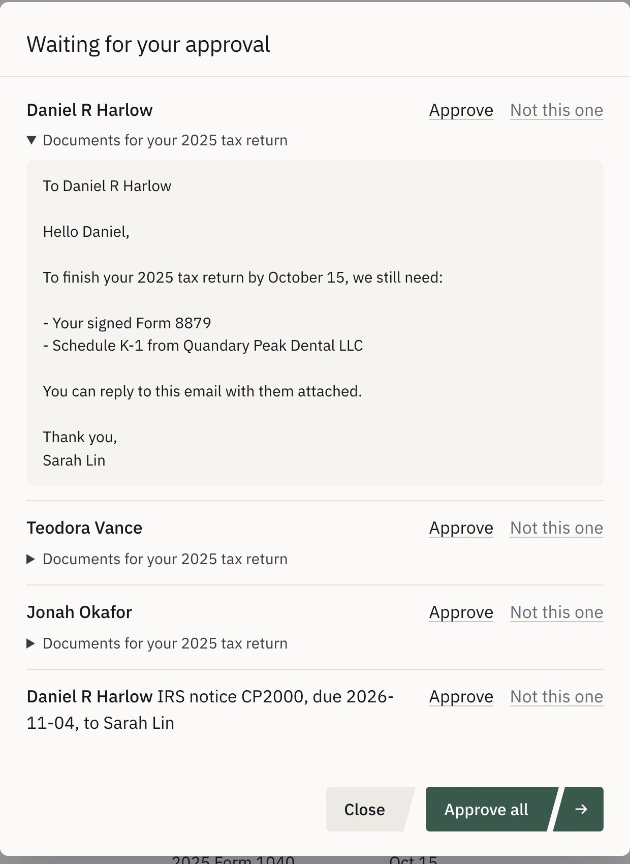 The console’s batch waiting for approval: reminder emails to Daniel R Harlow, Teodora Vance and Jonah Okafor about documents for their 2025 returns, the first one open, and a Karbon job for Daniel R Harlow’s IRS CP2000 notice, with Approve all.